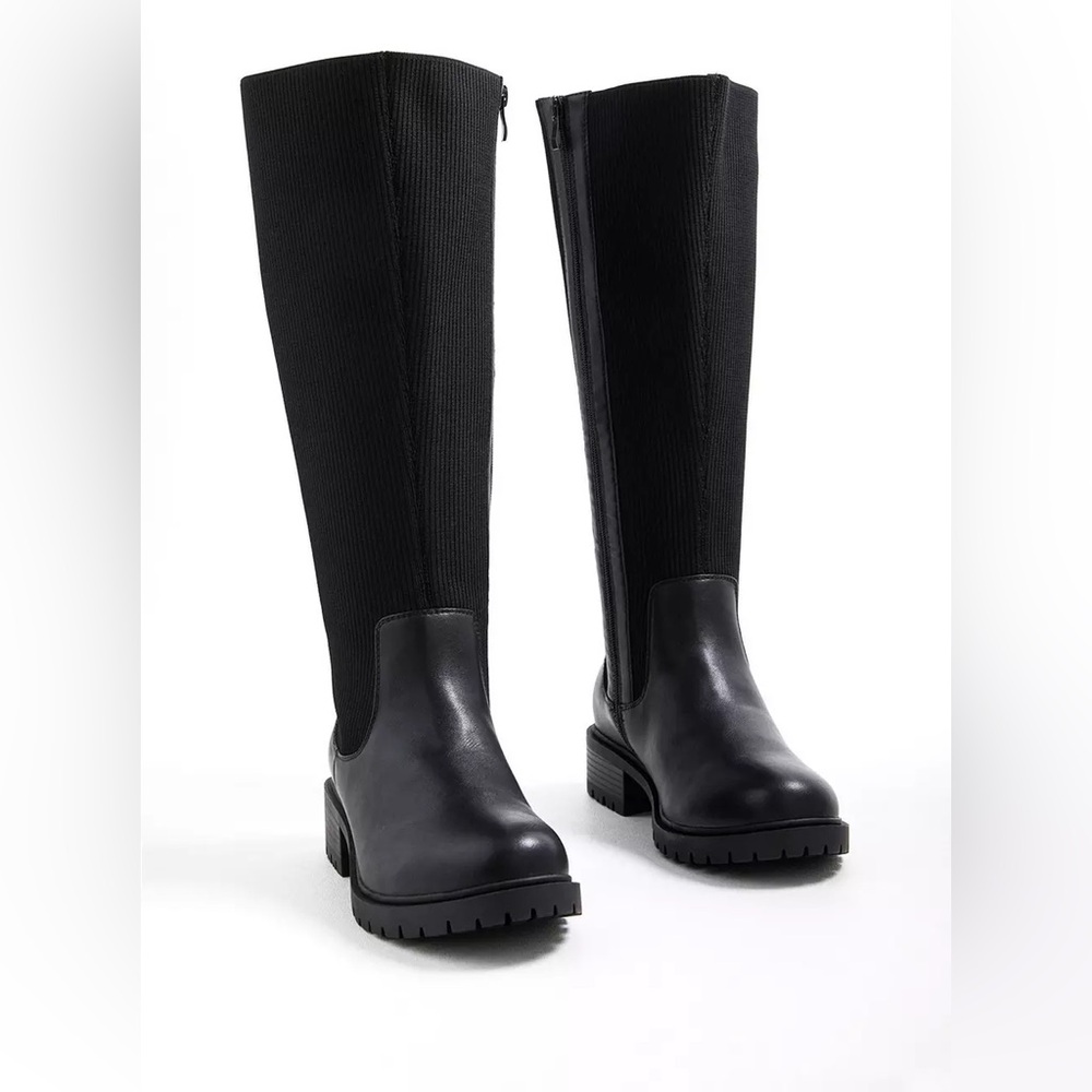 Stretch Ribbed Knee Boot - Black Faux Leather (WW) 6.5
